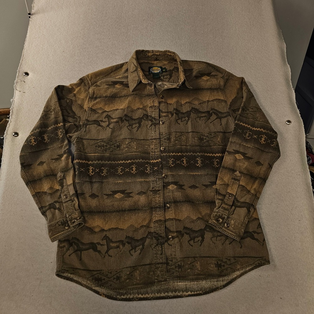 Cabelas For Women Horse Print Southwestern Cotton Button Down Shirt Brown Large